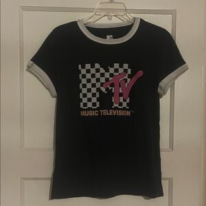MTV Black and White Checkered Navy Ringer T-Shirt